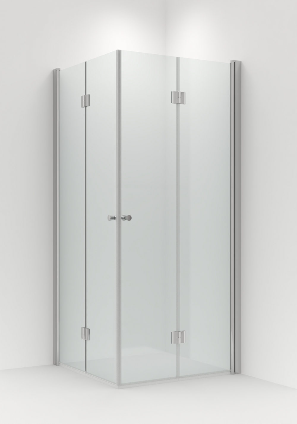 Plassbesparende Vikingbad Brage dusjhjørne med to leddede foldedører. Leveres med 6 mm klart herdet sikkerhetsglass og sølvfargede aluminiumsprofiler. Høyde 195 cm. Velg størrelse og retning.
